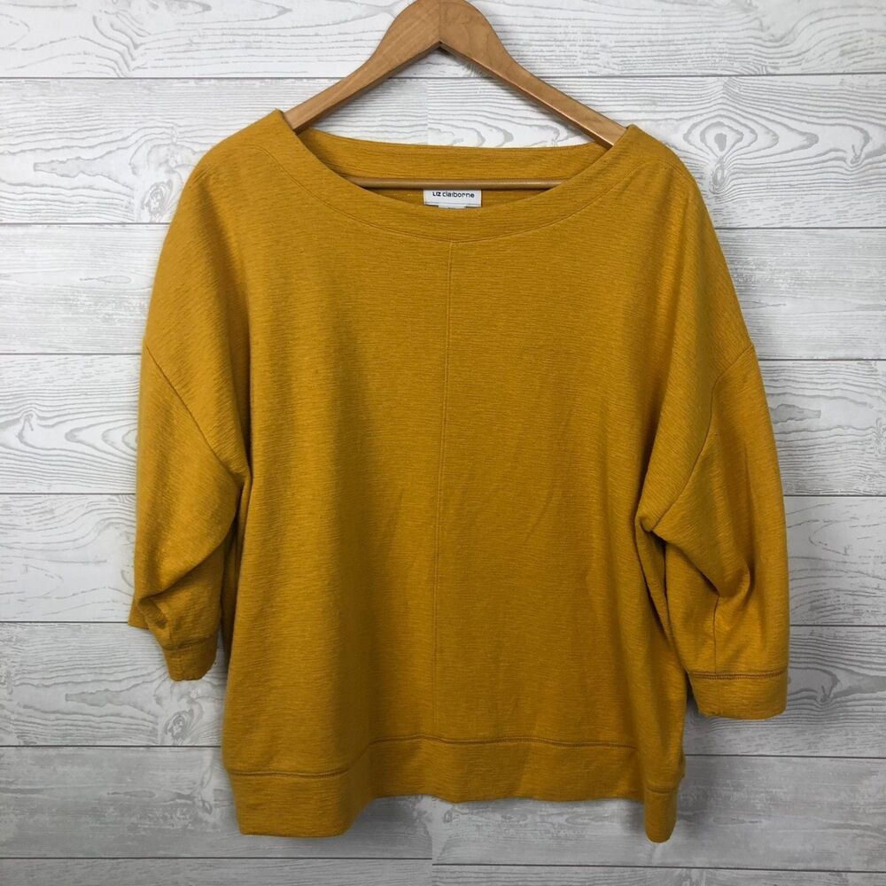 Liz Claiborne Women's XXL Drop Shoulder Top 3/4 Sleeve Golden Yellow Scoop Neck
